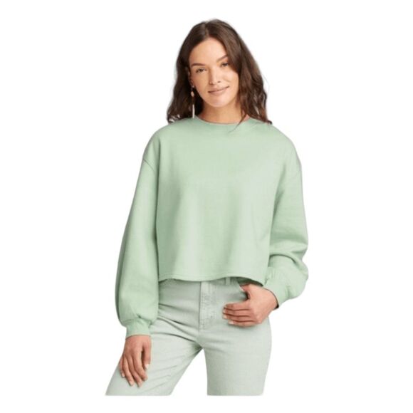Universal Thread Cropped Fleece Sweatshirt Mint Green Knit Long Sleeve Crewneck - Picture 1 of 8